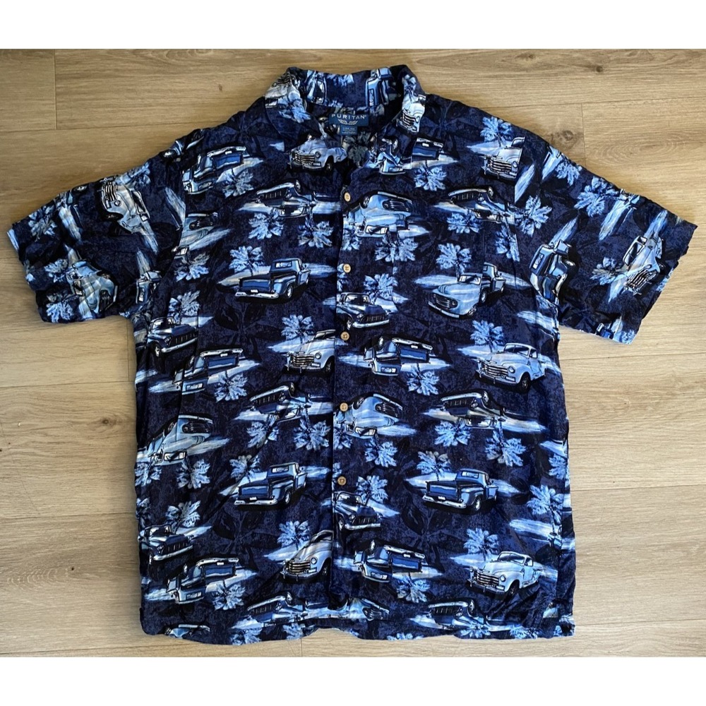 Puritan Mens L Hawaiian Shirt Classic Cars Hot Rods Blue 100% Rayon Short Sleeve